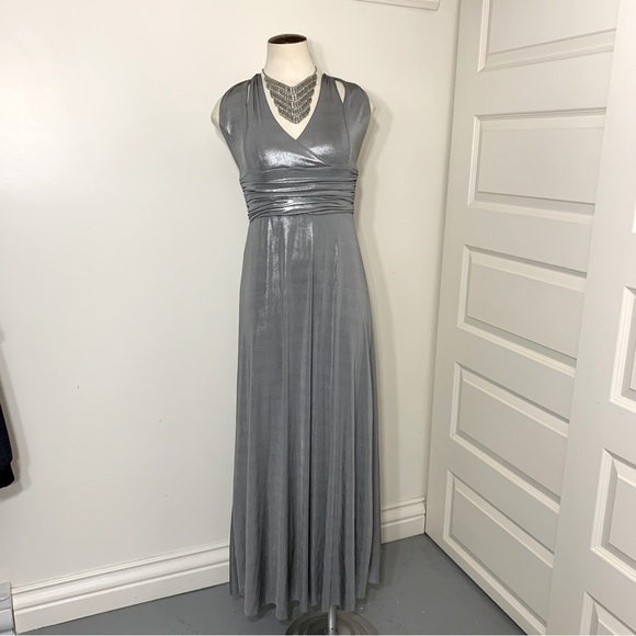VINTAGE Silver Gray Maxi Dress Halter Straps Metallic Cinched Festive Gown XS/S - Picture 4 of 11